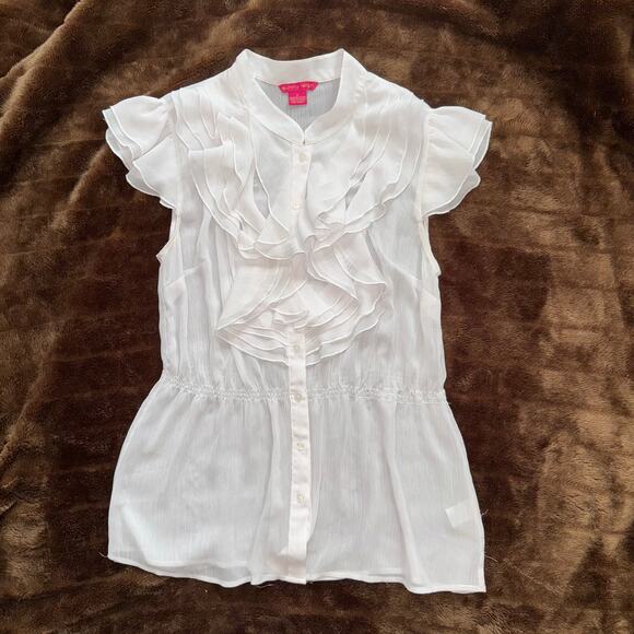 Sunny Leigh M White Ruffle Front Peplum Blouse Semi-Sheer Crinkle Fabric Top - Picture 1 of 5